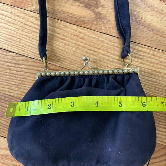 Vintage Leather School Florence Black Suede Evening Clutch lined w Tiny Pearls - Picture 7 of 9